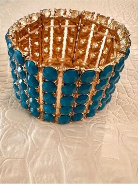 Heavy Gold Tone Faux Turquoise 4-Row Stretch Cuff Statement Bracelet